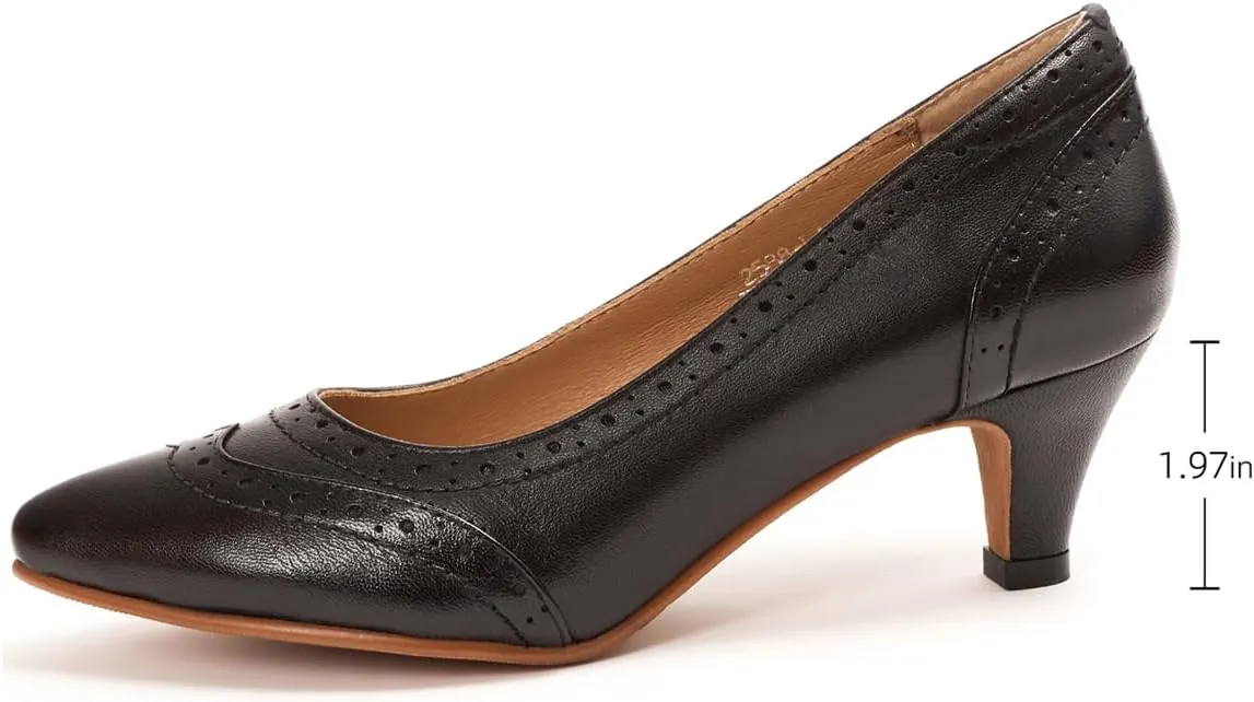 Mona flying Women's Leather Pointed Toe Vintage Brogue Pumps Slip On Mid Heels Dress Shoes for Ladies
