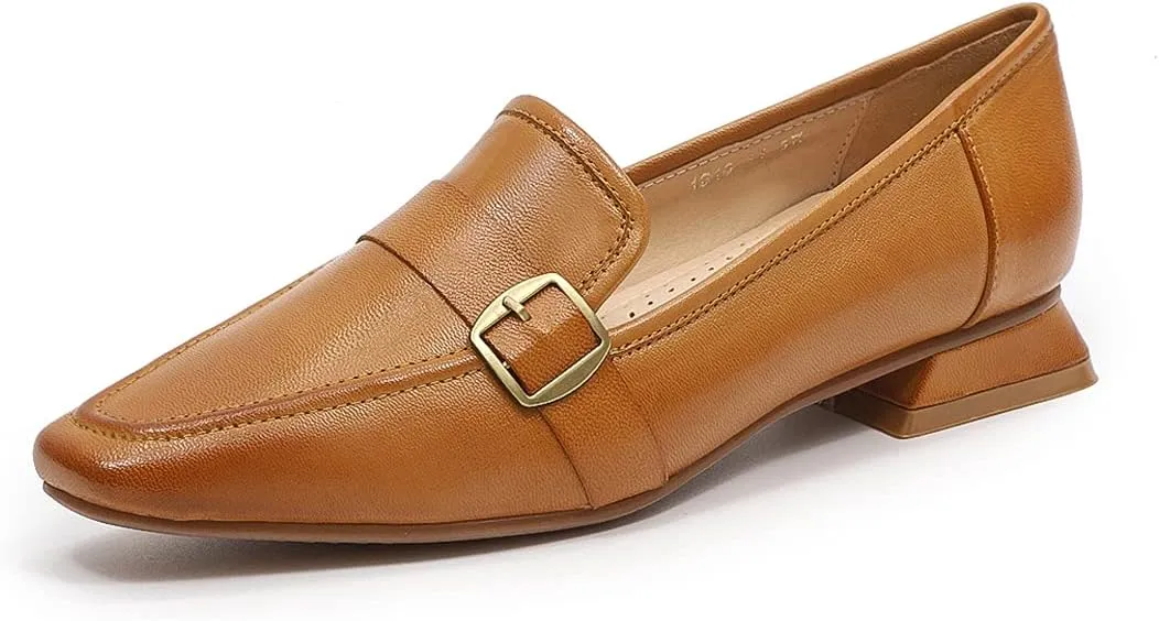 Mona flying Women's Leather Square Toe Penny Loafer Comfort Dress Casual Slip on Flat Office Work Shoes for Ladies
