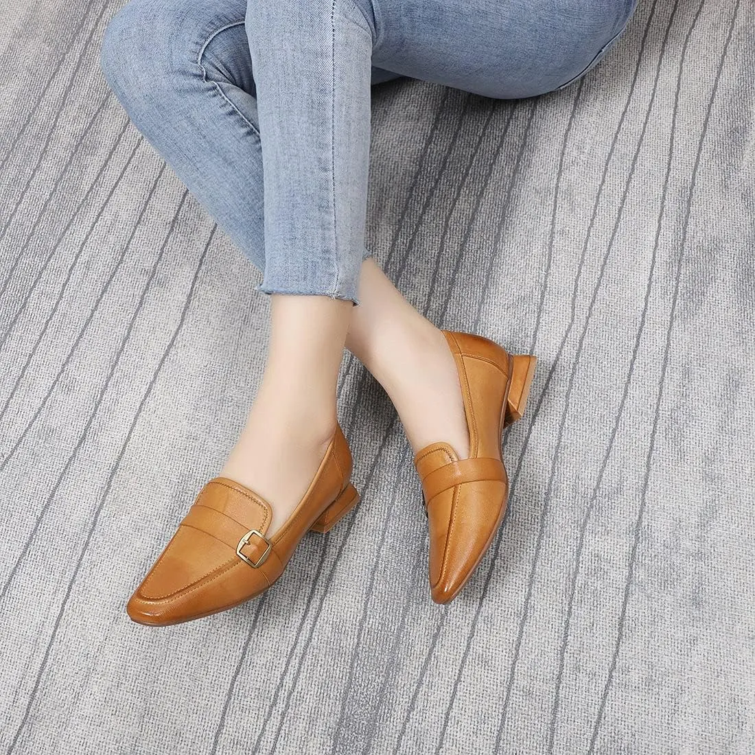 Mona flying Women's Leather Square Toe Penny Loafer Comfort Dress Casual Slip on Flat Office Work Shoes for Ladies