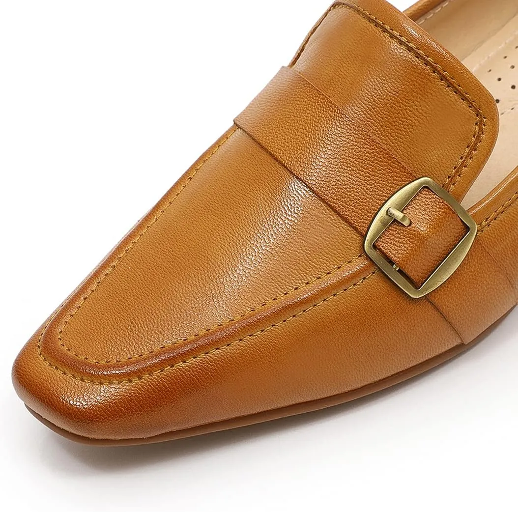 Mona flying Women's Leather Square Toe Penny Loafer Comfort Dress Casual Slip on Flat Office Work Shoes for Ladies