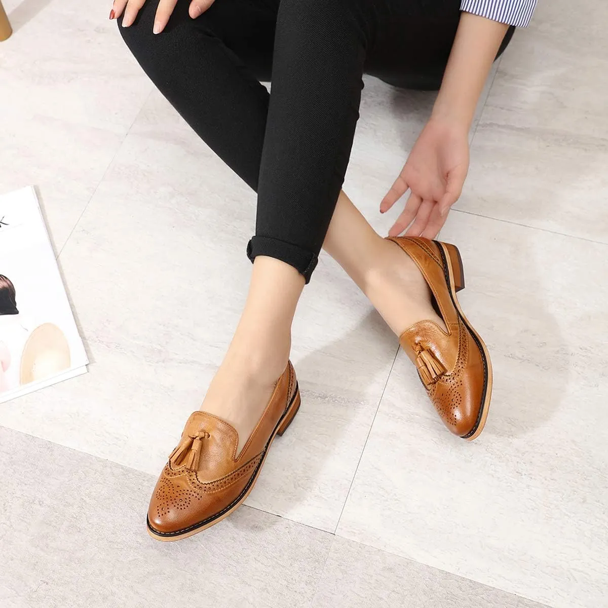 Mona flying Women's Leather Tassel Loafer Slip on Wingtip Brogue Dress Casual Flat Office Work Shoes for Ladies