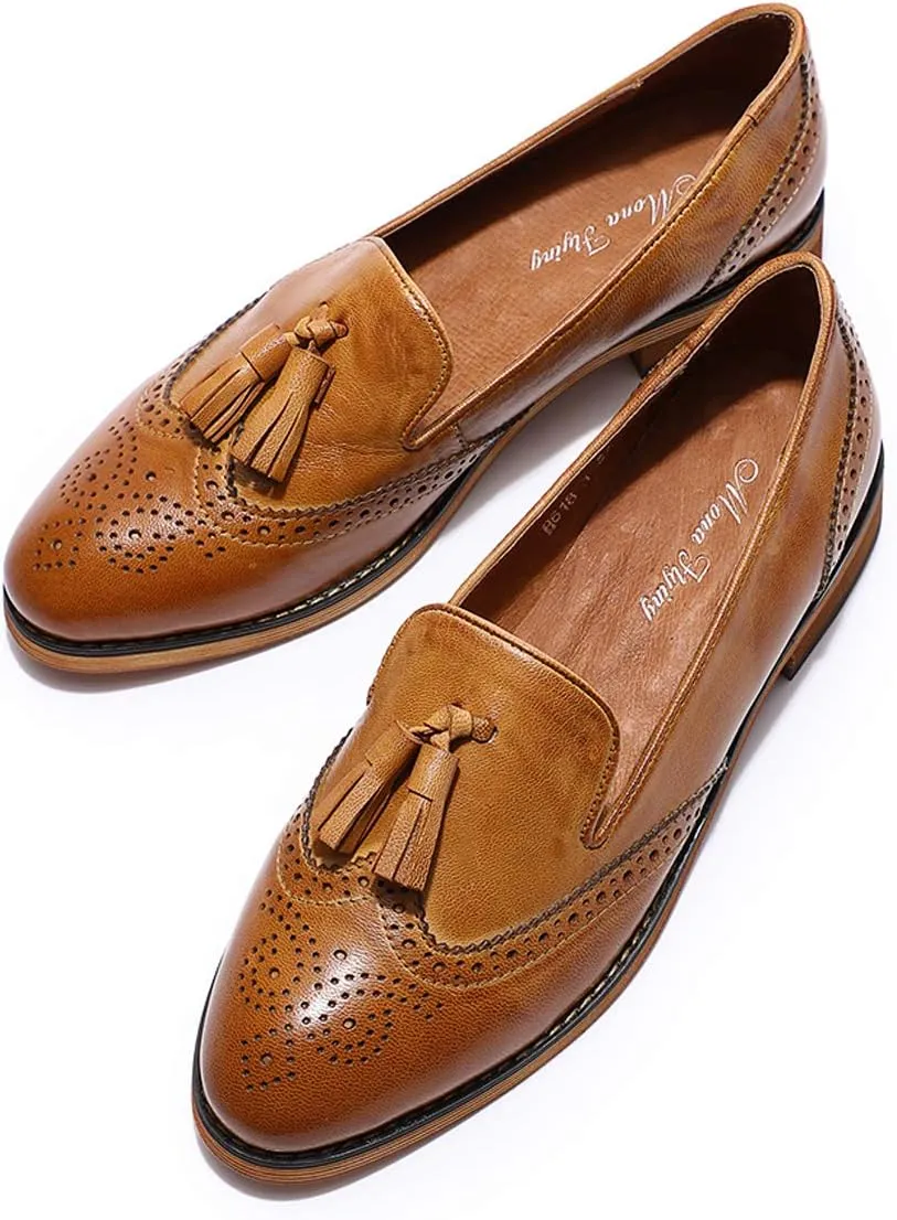 Mona flying Women's Leather Tassel Loafer Slip on Wingtip Brogue Dress Casual Flat Office Work Shoes for Ladies