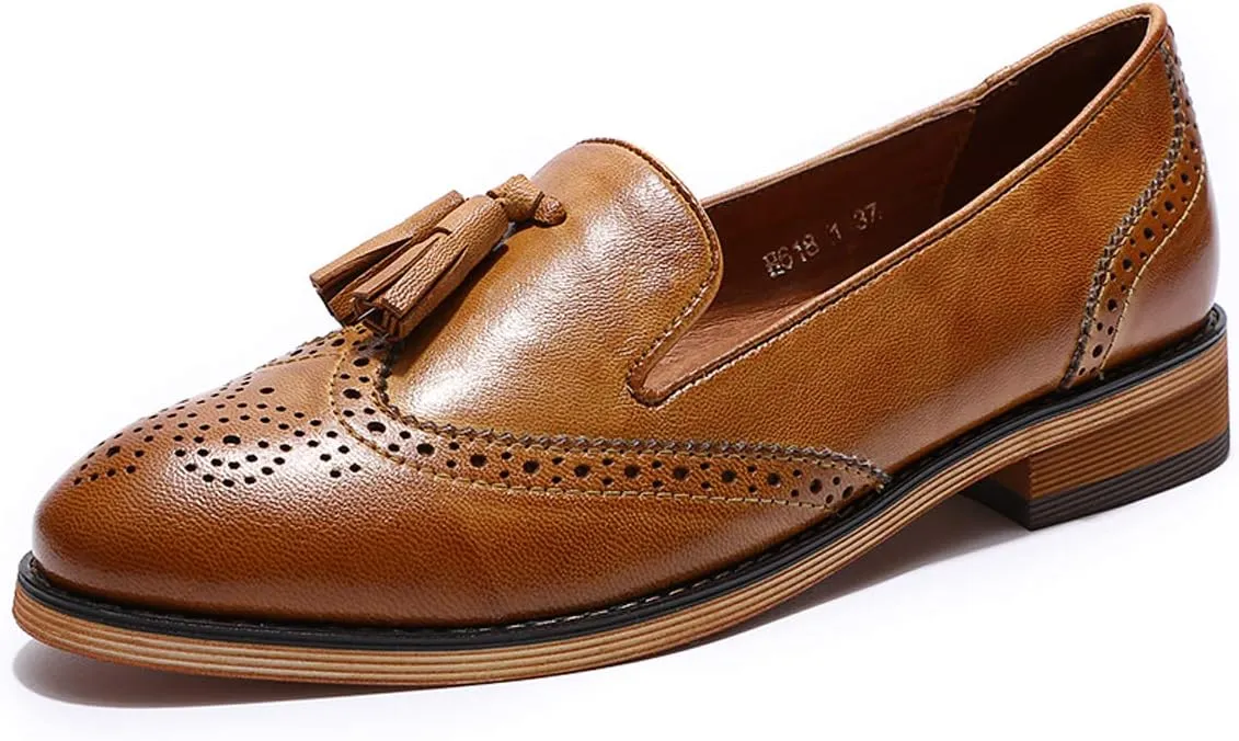 Mona flying Women's Leather Tassel Loafer Slip on Wingtip Brogue Dress Casual Flat Office Work Shoes for Ladies