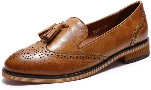 Mona flying Women's Leather Tassel Loafer Slip on Wingtip Brogue Dress Casual Flat Office Work Shoes for Ladies