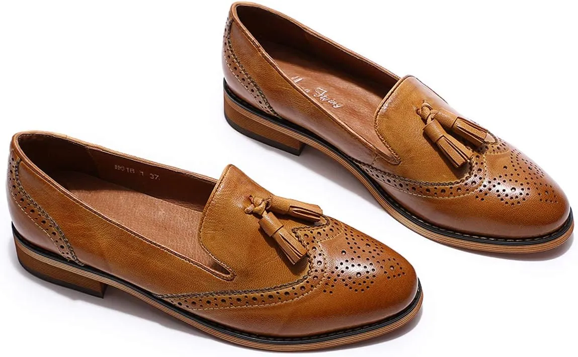 Mona flying Women's Leather Tassel Loafer Slip on Wingtip Brogue Dress Casual Flat Office Work Shoes for Ladies