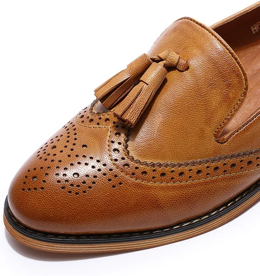Mona flying Women's Leather Tassel Loafer Slip on Wingtip Brogue Dress Casual Flat Office Work Shoes for Ladies