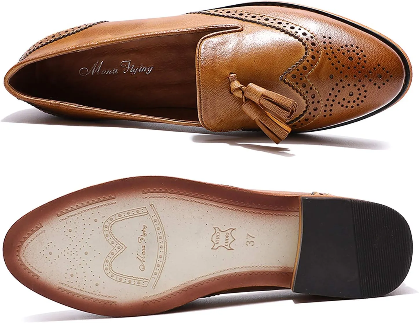 Mona flying Women's Leather Tassel Loafer Slip on Wingtip Brogue Dress Casual Flat Office Work Shoes for Ladies