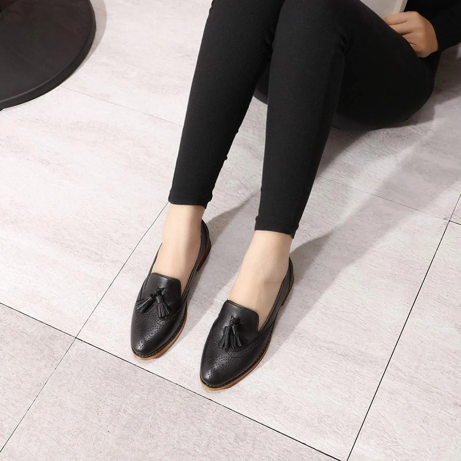 Mona flying Women's Leather Tassel Loafer Slip on Wingtip Brogue Dress Casual Flat Office Work Shoes for Ladies