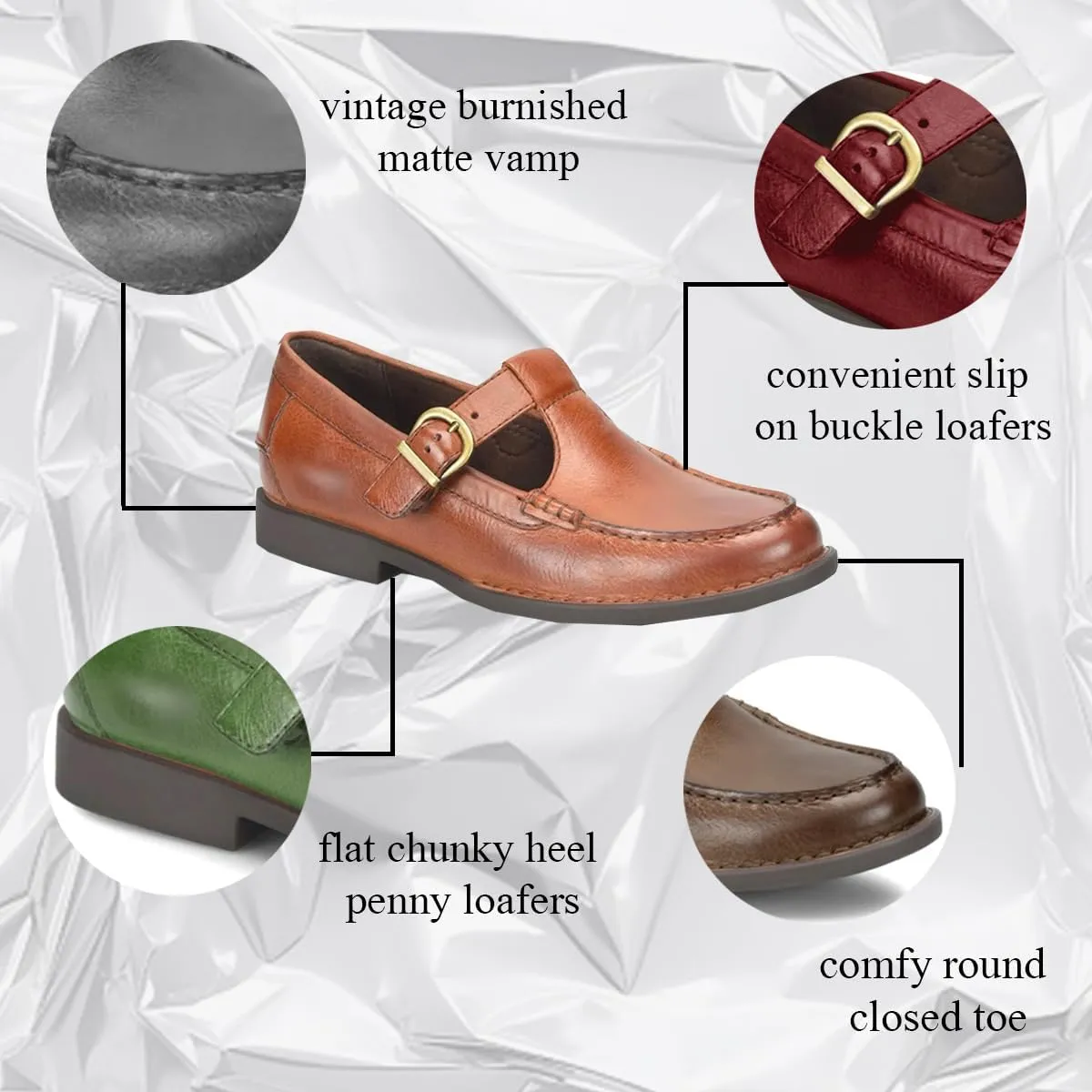 MOOMMO Women Vintage Flat Loafers Round Closed Toe Slip On Oxford Loafer Shoes Burnished Matte Flat Penny Loafers Buckle T-Strap Dressy Office Work Flats Comfy Daily Driver Loafer Flats Chic 4-11 M US