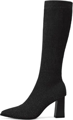 MOUSSE FIT Women's Minimalist Knit High Boots, Chunky Heel, Rubber Sole, Comfort Style