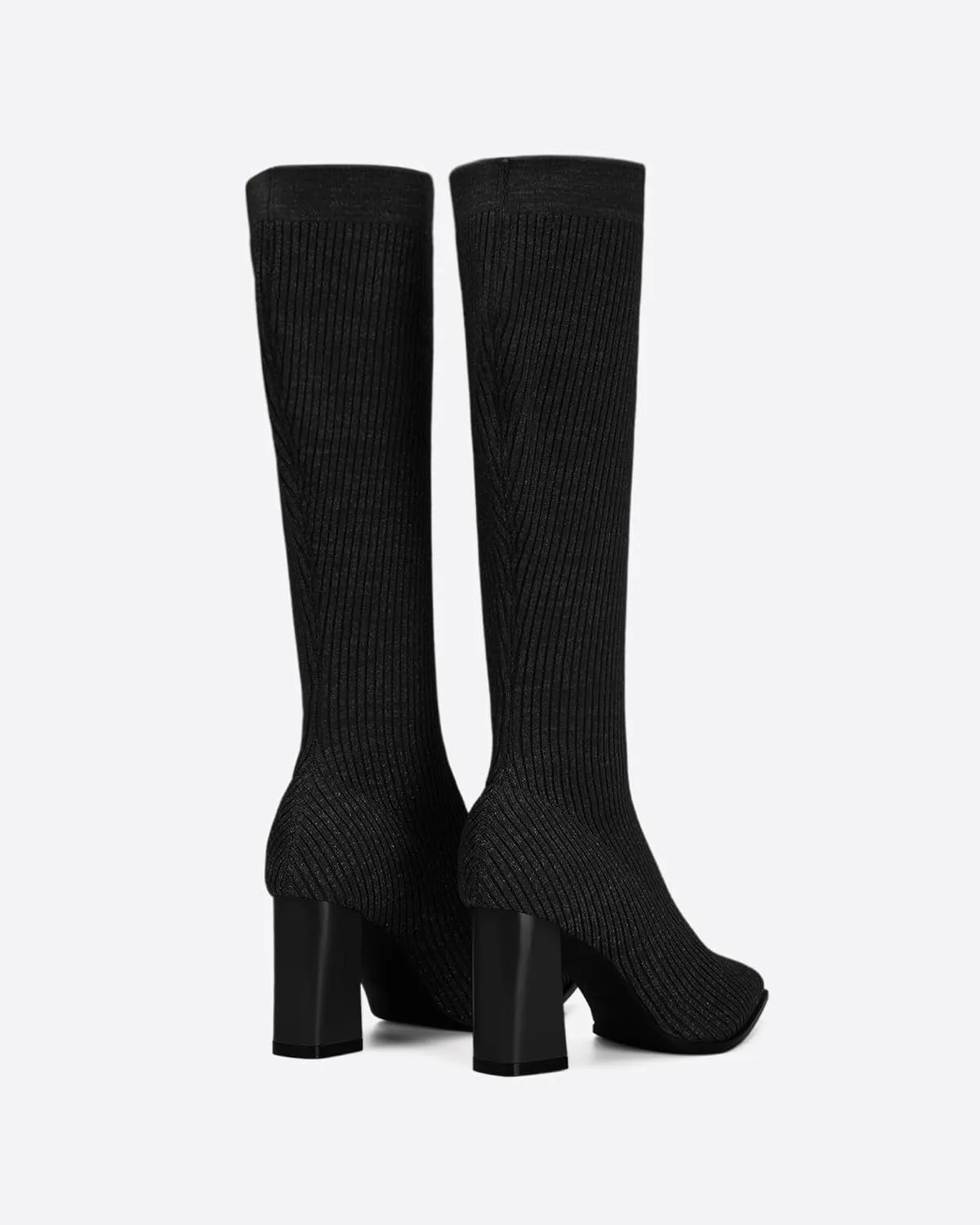 MOUSSE FIT Women's Minimalist Knit High Boots, Chunky Heel, Rubber Sole, Comfort Style