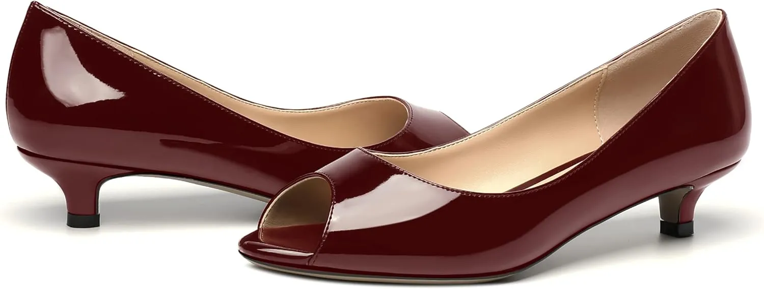 MOVINSTEPS Womens Dress Peep Toe Patent Open Toe Slip On Dating Kitten Low Heel Pumps Shoes 1.5 Inch