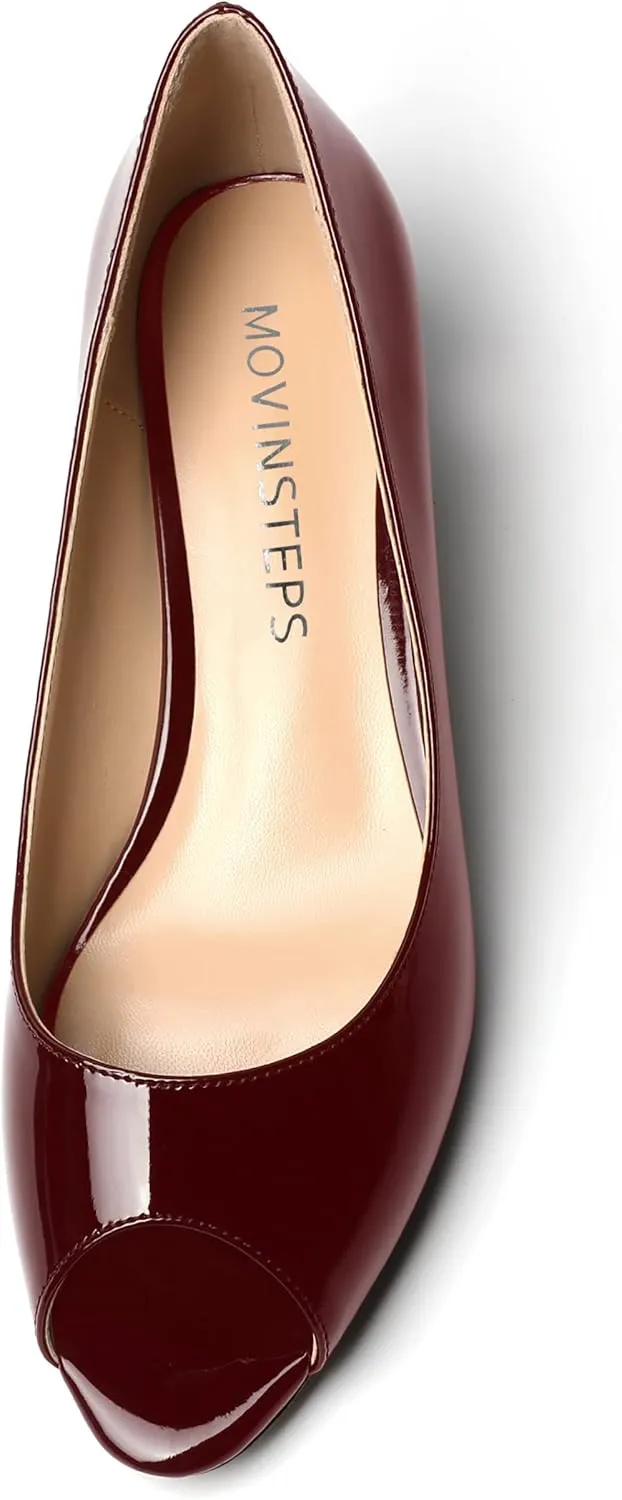 MOVINSTEPS Womens Dress Peep Toe Patent Open Toe Slip On Dating Kitten Low Heel Pumps Shoes 1.5 Inch