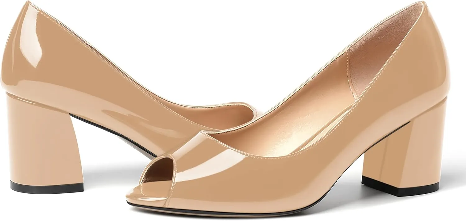 MOVINSTEPS Womens Slip On Dating Peep Toe Dress Patent Block Mid Heel Pumps Shoes 2.5 Inch