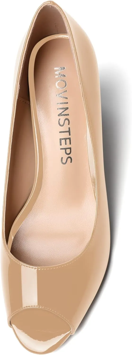 MOVINSTEPS Womens Slip On Dating Peep Toe Dress Patent Block Mid Heel Pumps Shoes 2.5 Inch