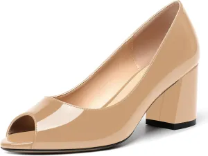 MOVINSTEPS Womens Slip On Dating Peep Toe Dress Patent Block Mid Heel Pumps Shoes 2.5 Inch