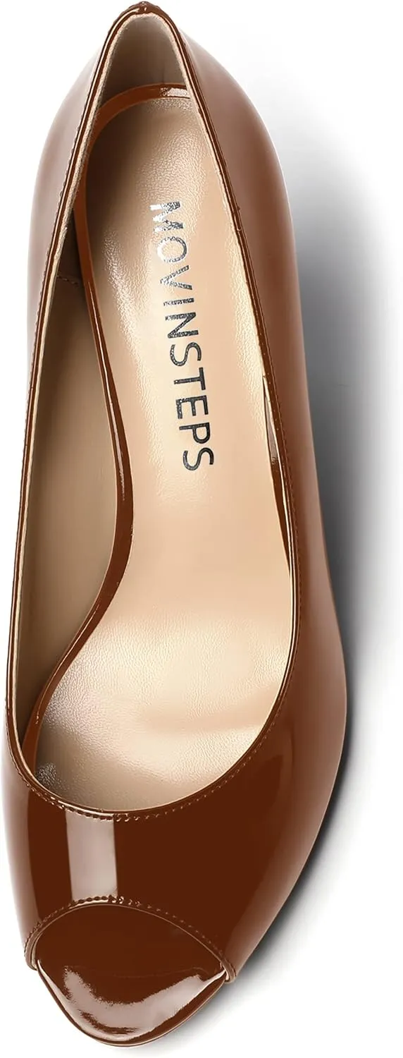 MOVINSTEPS Womens Slip On Work Patent Peep Toe Fashion Wedge High Heel Pumps Shoes 3.3 Inch