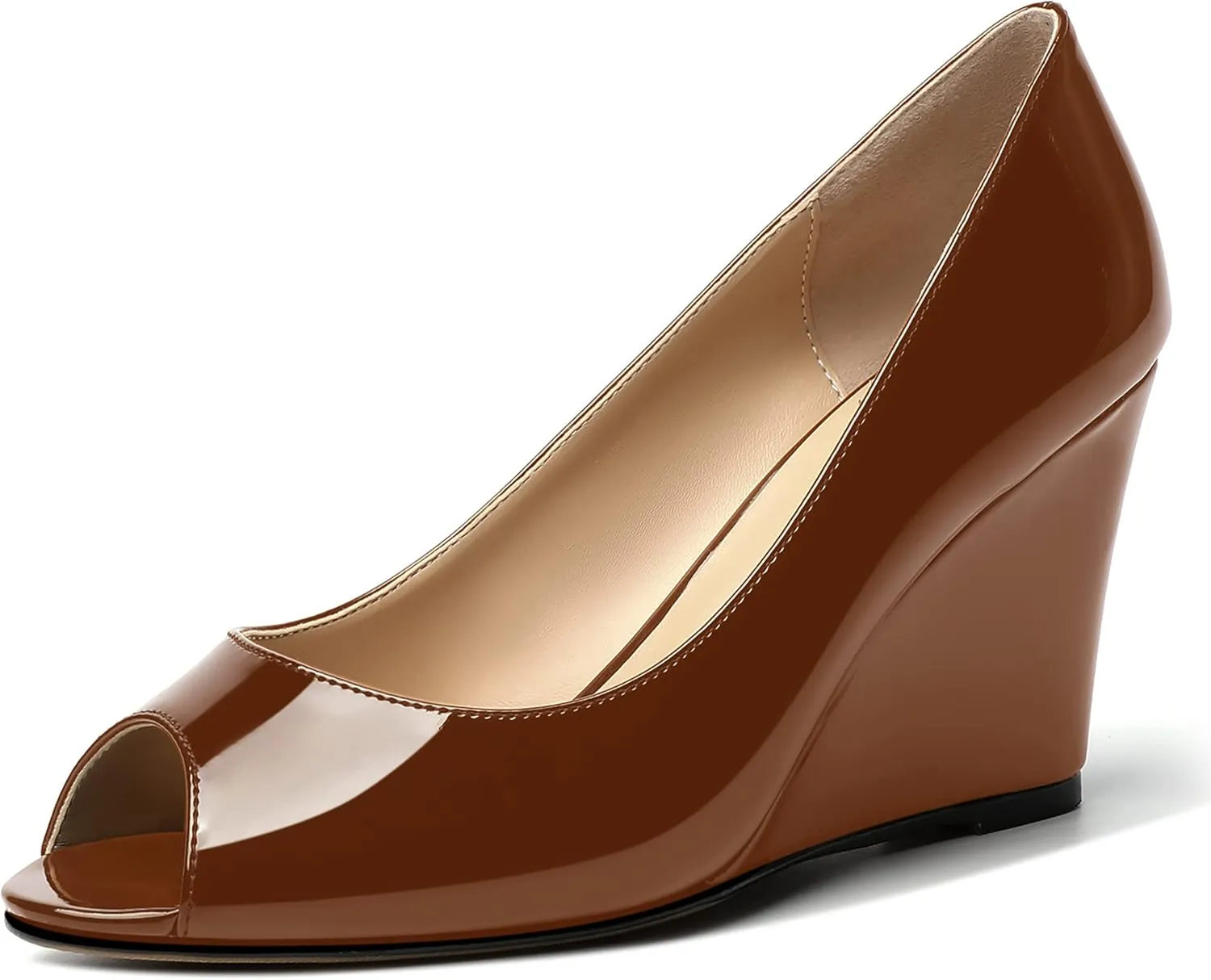MOVINSTEPS Womens Slip On Work Patent Peep Toe Fashion Wedge High Heel Pumps Shoes 3.3 Inch
