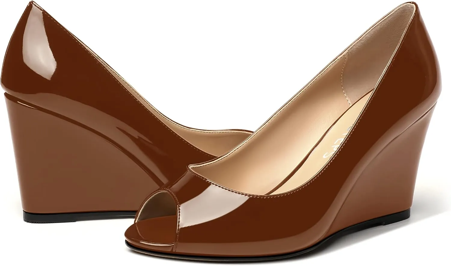 MOVINSTEPS Womens Slip On Work Patent Peep Toe Fashion Wedge High Heel Pumps Shoes 3.3 Inch