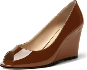 MOVINSTEPS Womens Slip On Work Patent Peep Toe Fashion Wedge High Heel Pumps Shoes 3.3 Inch
