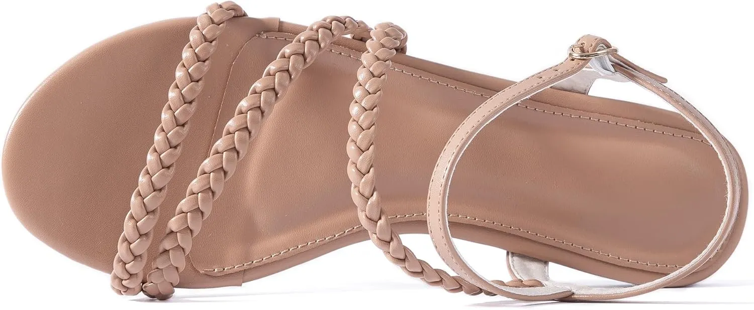 Mtzyoa Women Flat Sandals Dressy Strappy Gladiator Summer Ankle Strap Nude Open Toe Comfortable Wedding Casual Leather Ladies Party Trendy Vacation