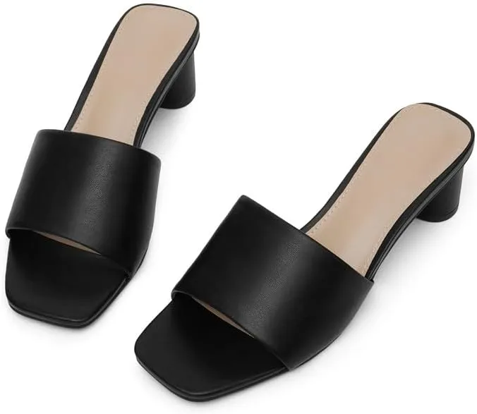 Mule Heels for Women Square Toe Chunky Low Heel Sandals Heeled Slides