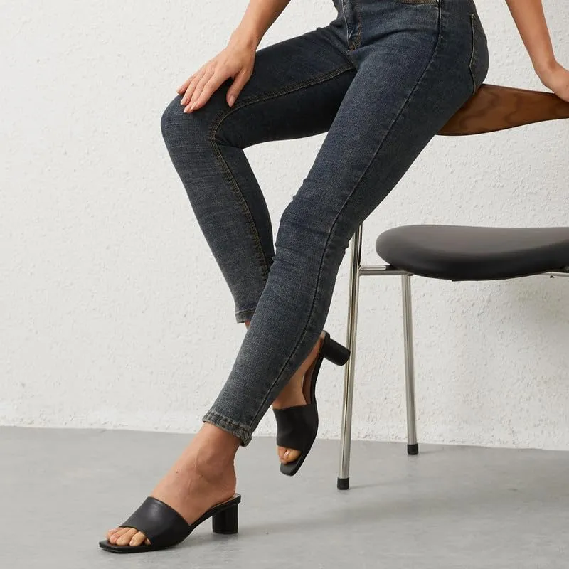 Mule Heels for Women Square Toe Chunky Low Heel Sandals Heeled Slides