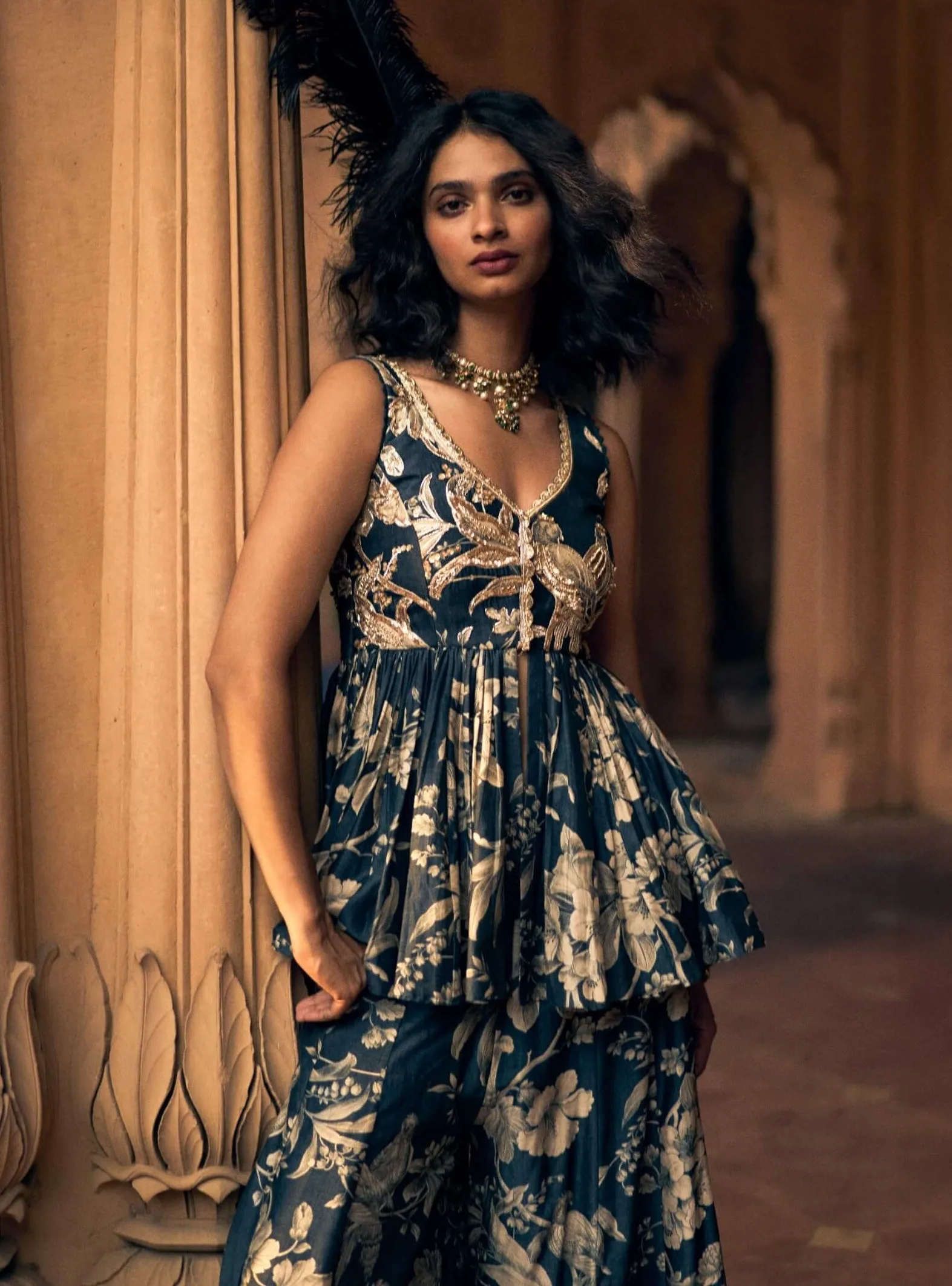 Navy blue printed peplum and palazzo