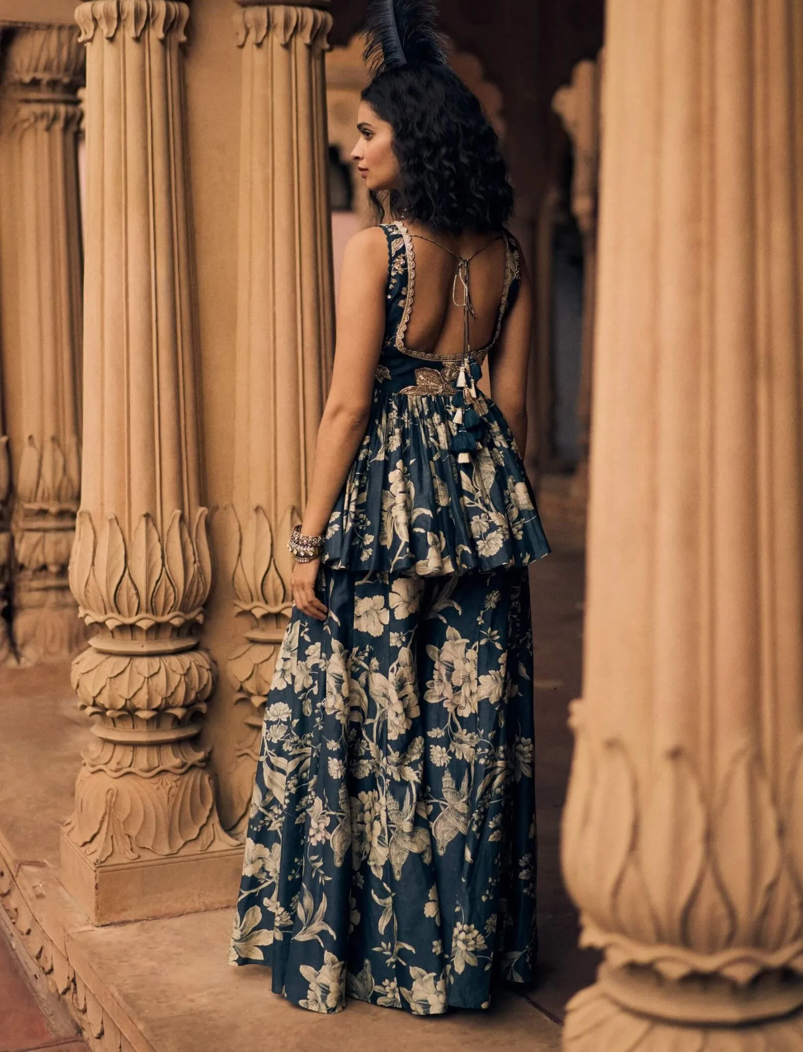 Navy blue printed peplum and palazzo