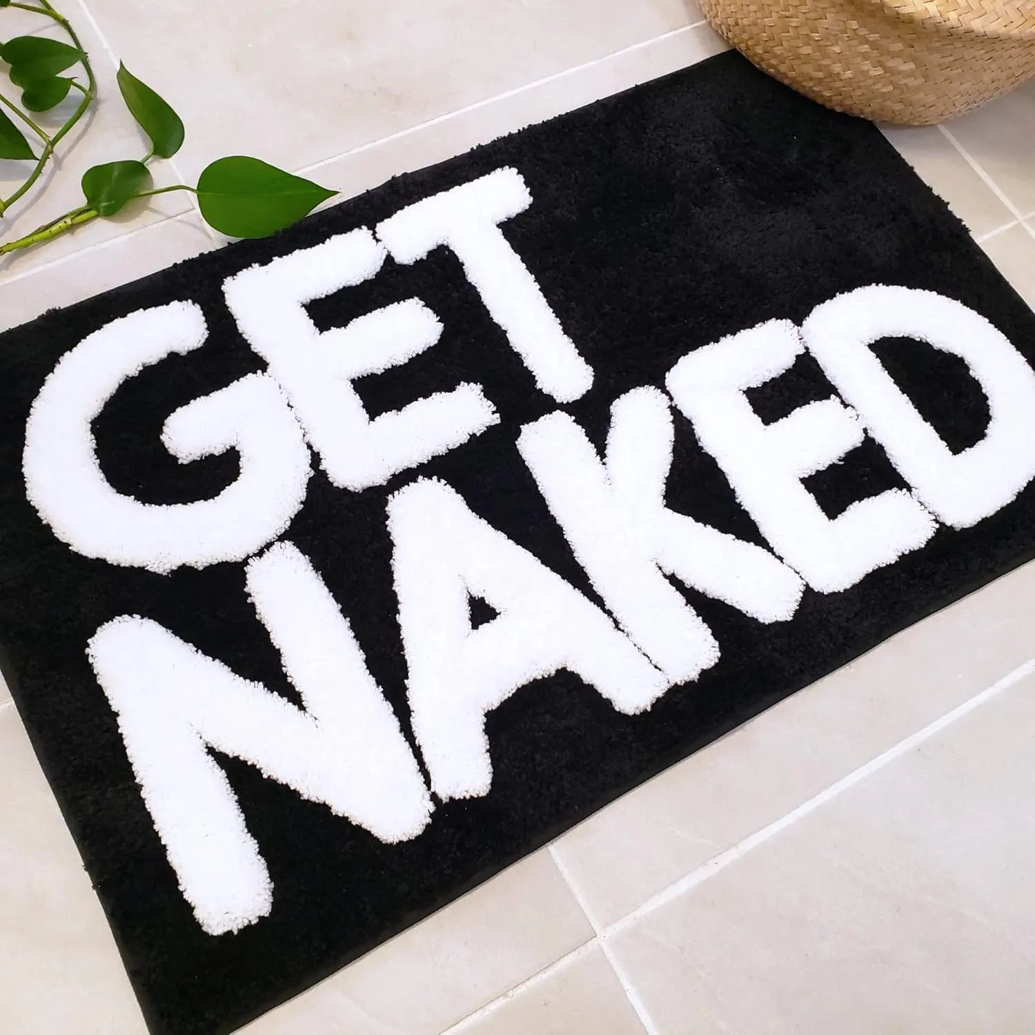 New Mungo Get Naked Bath Mat - Black Cute Bathroom Rugs with White Letters for Apartment Decor - Funny Black - Get Naked Rug for Bathroom - 31" x 20"