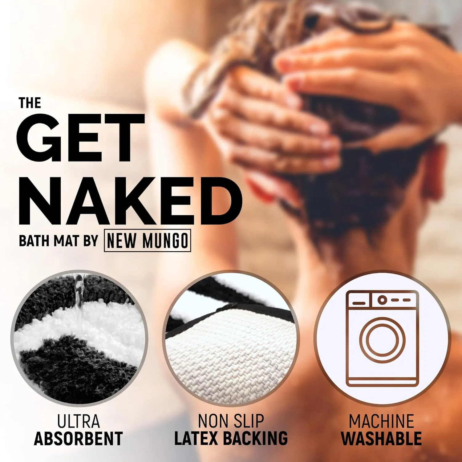 New Mungo Get Naked Bath Mat - Black Cute Bathroom Rugs with White Letters for Apartment Decor - Funny Black - Get Naked Rug for Bathroom - 31" x 20"