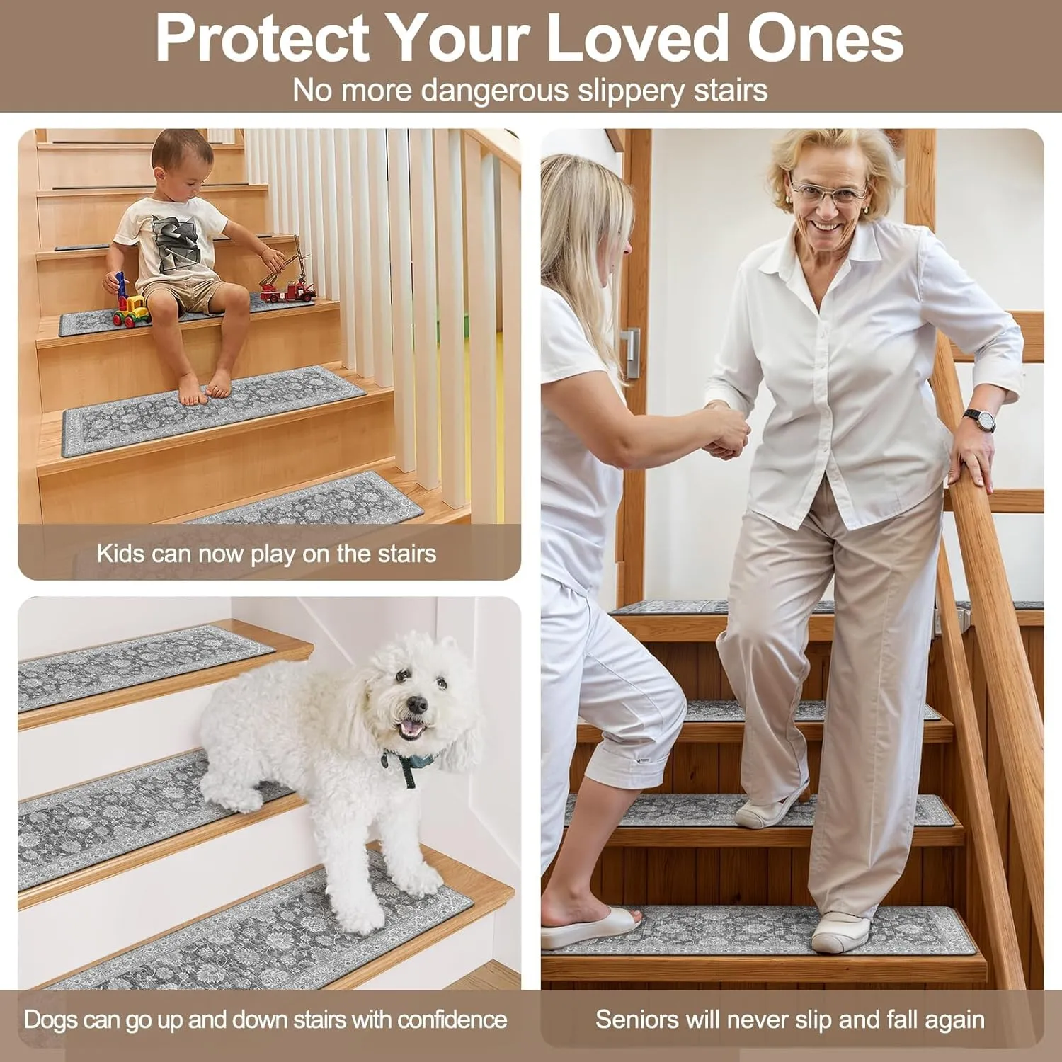 OJIA Non-Slip Stair Treads Matching Mat for Wooden Steps, Square Rubber Backing Anti-Slip Stair Carpet Landing Mat Stair Rugs 31x31 inch, Gray