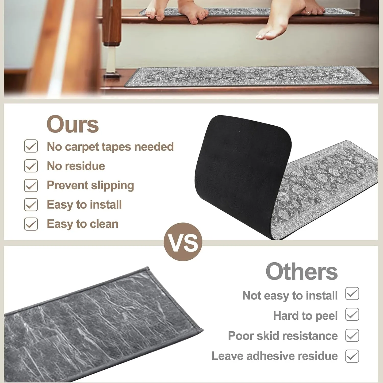 OJIA Non-Slip Stair Treads Matching Mat for Wooden Steps, Square Rubber Backing Anti-Slip Stair Carpet Landing Mat Stair Rugs 31x31 inch, Gray