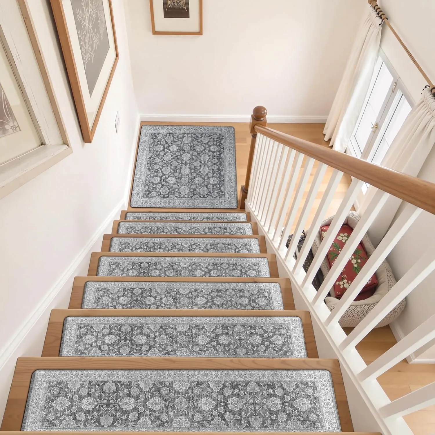 OJIA Non-Slip Stair Treads Matching Mat for Wooden Steps, Square Rubber Backing Anti-Slip Stair Carpet Landing Mat Stair Rugs 31x31 inch, Gray