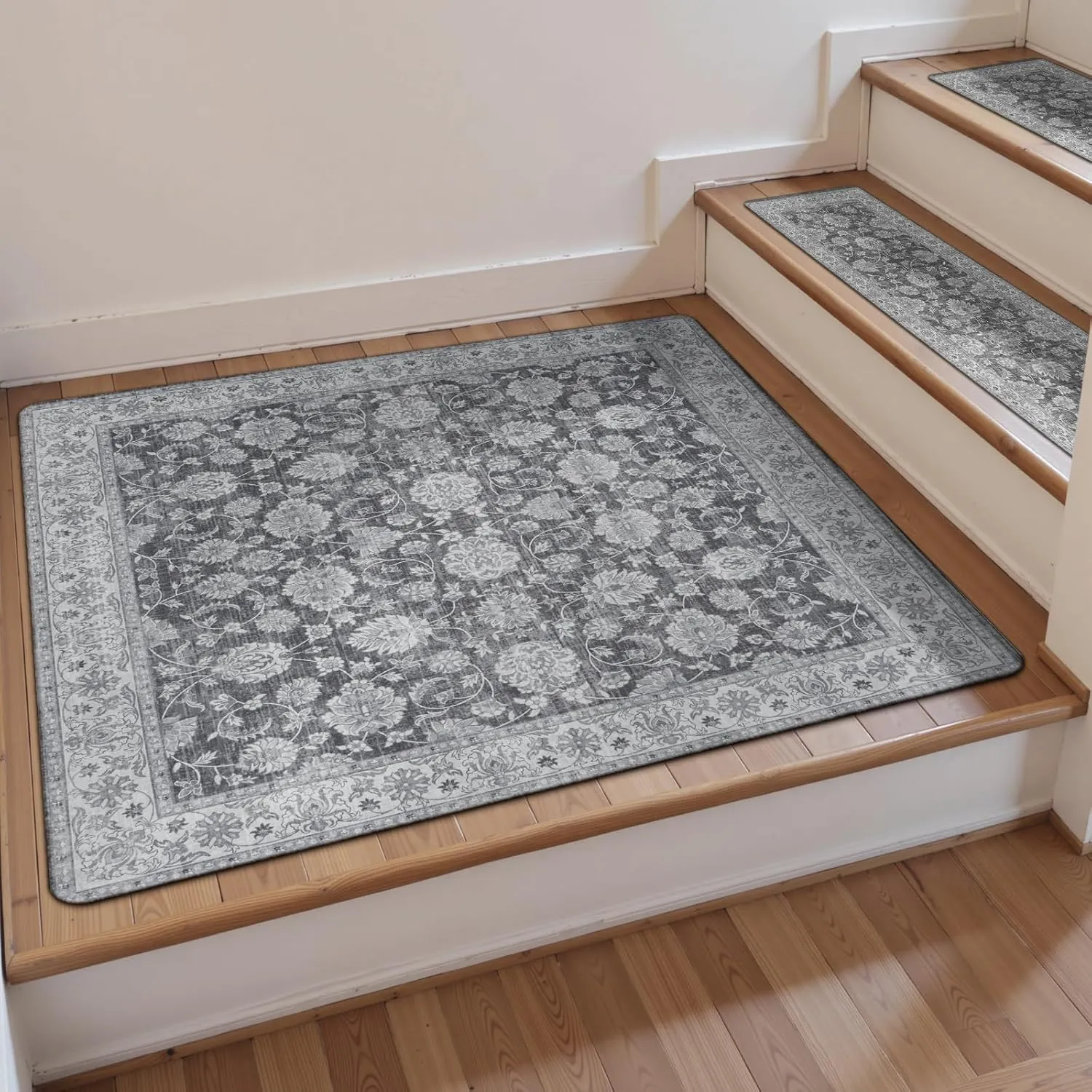 OJIA Non-Slip Stair Treads Matching Mat for Wooden Steps, Square Rubber Backing Anti-Slip Stair Carpet Landing Mat Stair Rugs 31x31 inch, Gray