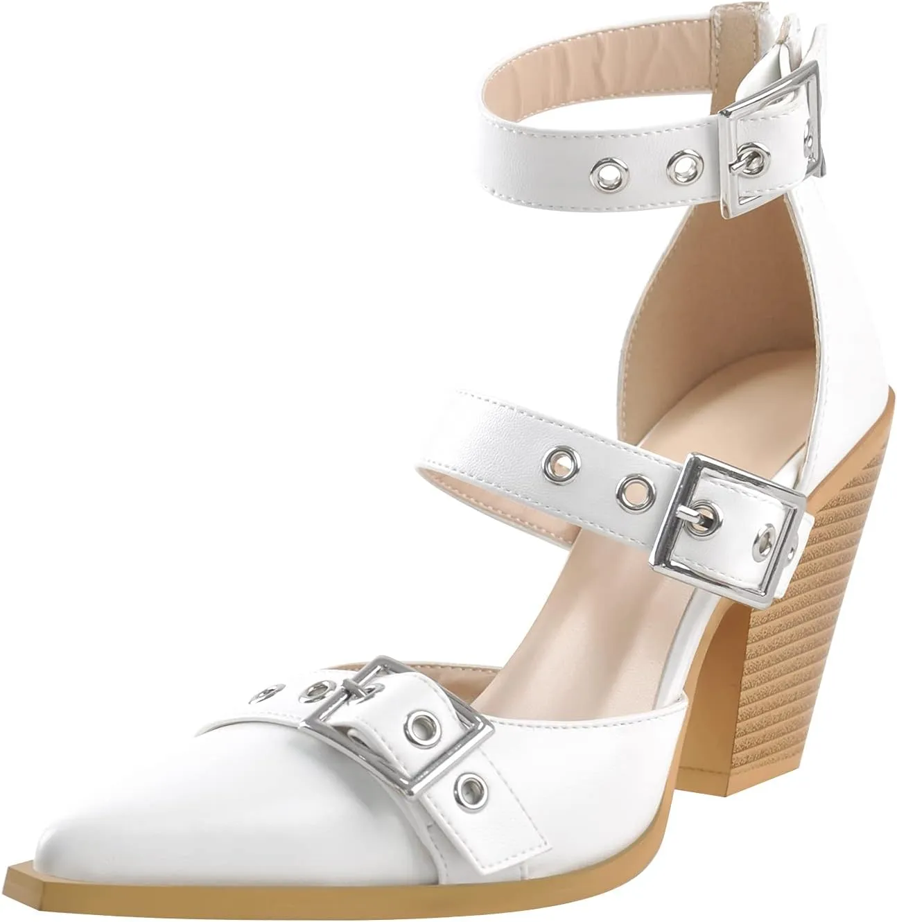 onlymaker Women's Middle Block Heels Close Toe Buckle Ankle Strap Zipper Summer Sandal