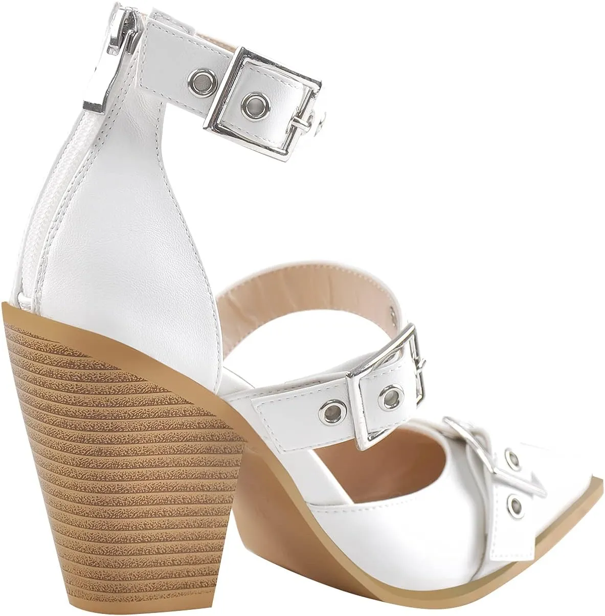 onlymaker Women's Middle Block Heels Close Toe Buckle Ankle Strap Zipper Summer Sandal