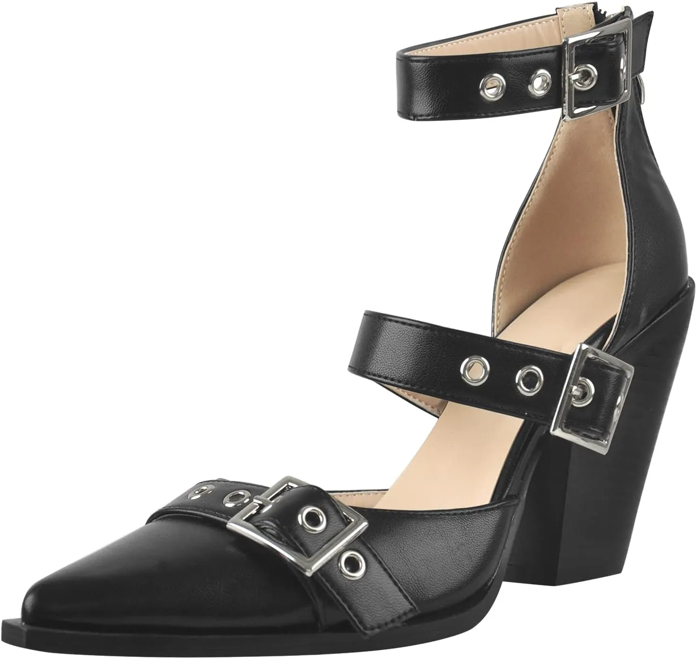 onlymaker Women's Middle Block Heels Close Toe Buckle Ankle Strap Zipper Summer Sandal