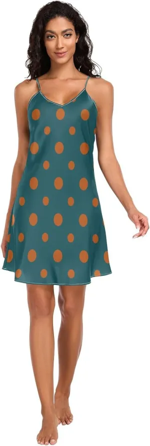 Orange Polka Dots Women's Satin Slip Dress, Spaghetti Strap Nightgown, Sleeveless Night Shirts for Woman, S