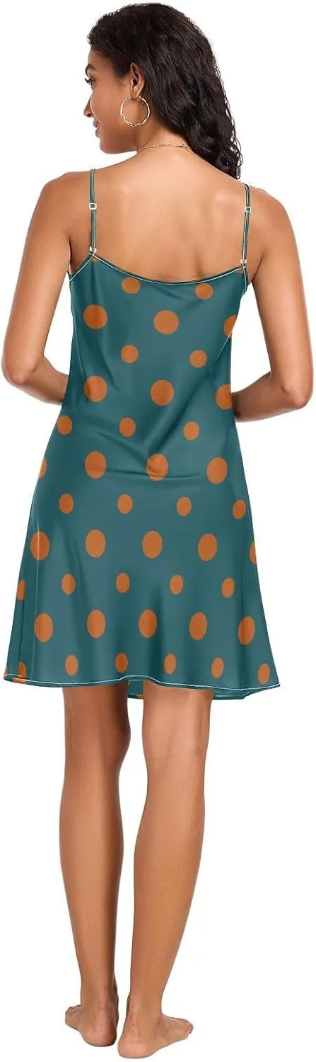 Orange Polka Dots Women's Satin Slip Dress, Spaghetti Strap Nightgown, Sleeveless Night Shirts for Woman, S