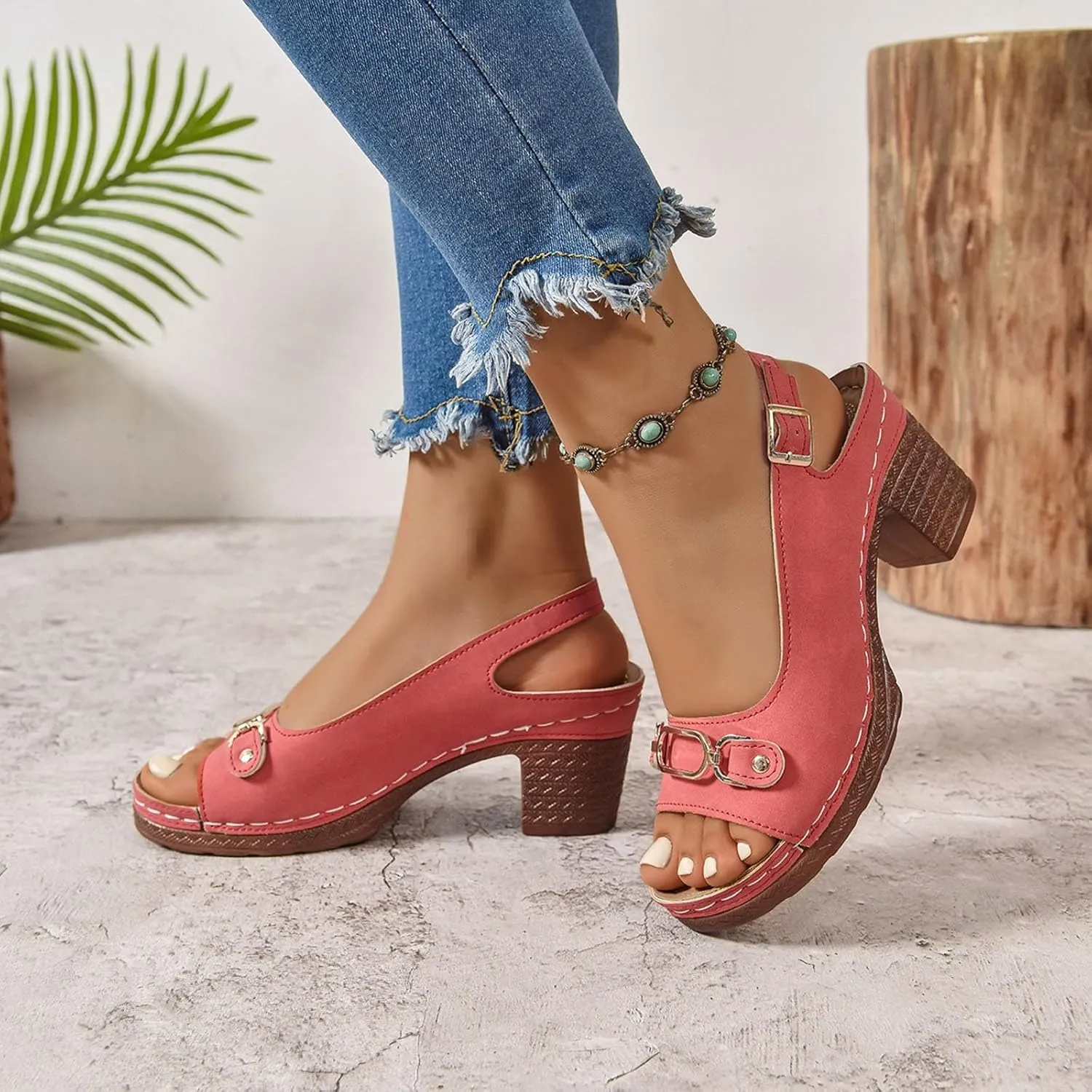 Orthopedic Sandals for Women Strappy Low Chunky Block Heel Sandals Adjustable Slingback Open Toe Heeled Sandal Beach Dress Comfortable Outdoor Shoes