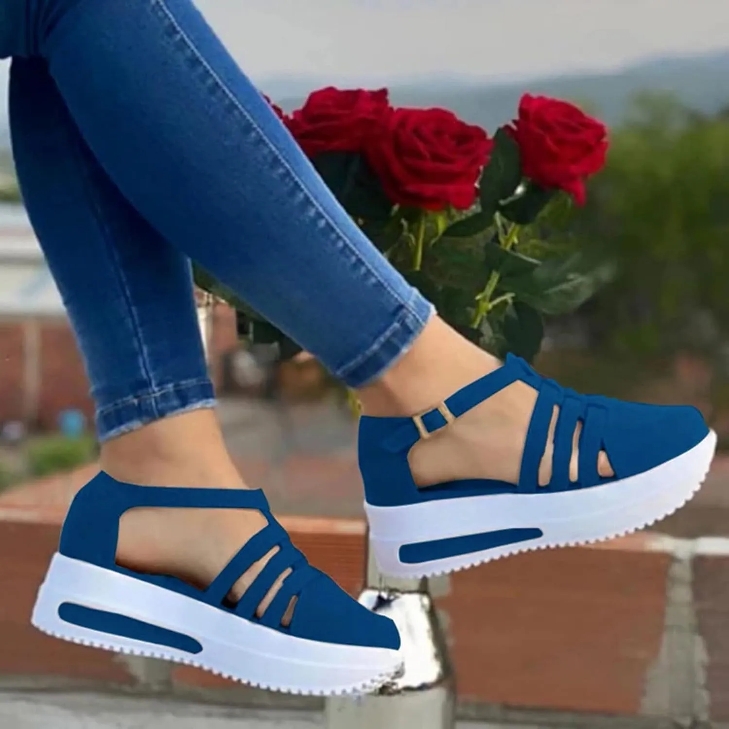 Orthopedic Wedge Sandals for Women Summer Dressy Closed Toe Ankle Strap Platform Sneakers Cutout Low Wedges Slip on Sandals buckle Dressy Shoes Comfortable Outdoor Shoes