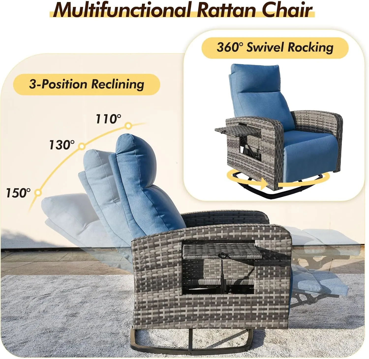 Outdoor Recliner Wicker Ratten 360°Swivel Chair with Footrest Adjustable Back Reclining Patio Lounge Chairs with Removeable Cuhsion & Flip-Up Table