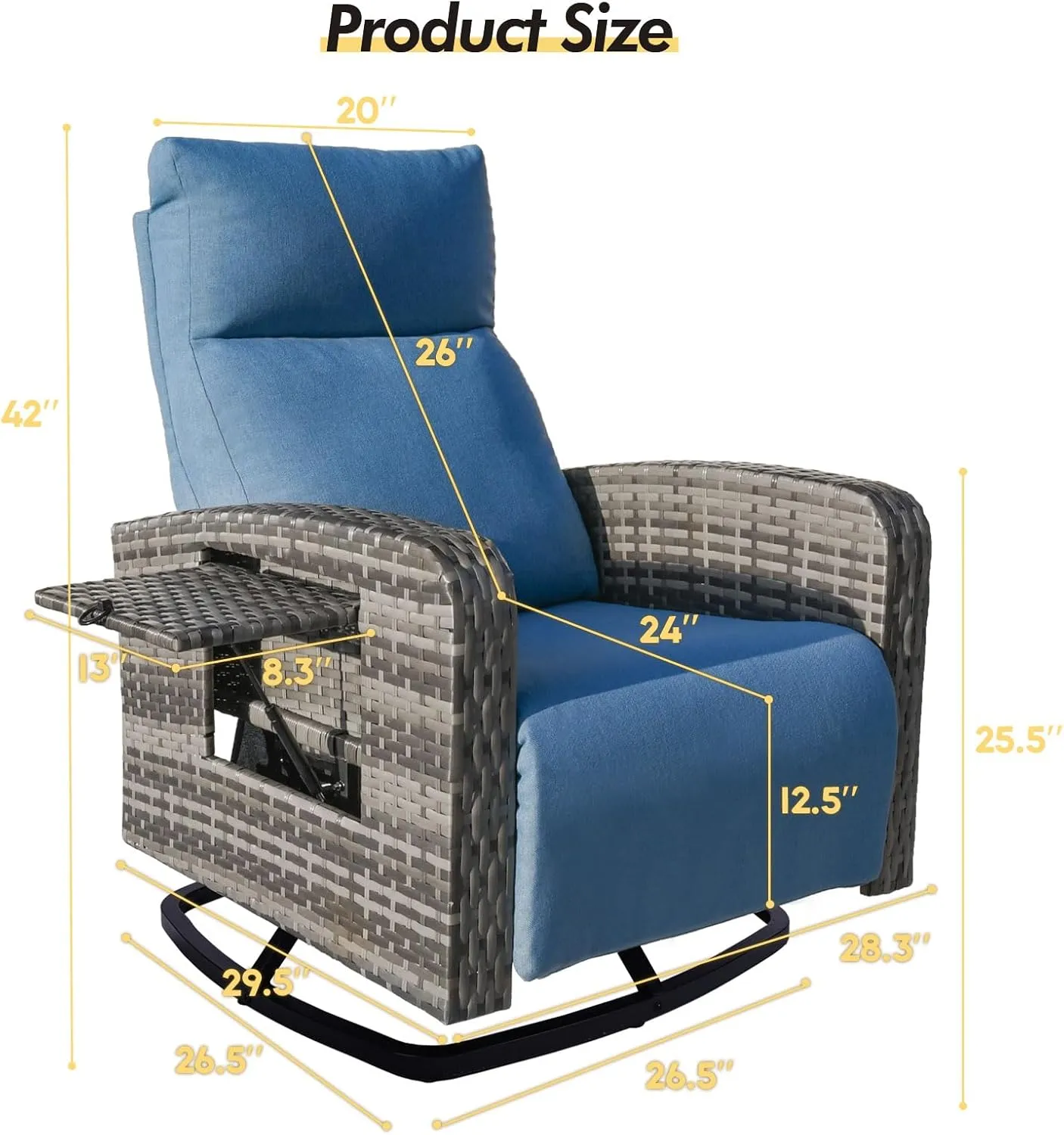 Outdoor Recliner Wicker Ratten 360°Swivel Chair with Footrest Adjustable Back Reclining Patio Lounge Chairs with Removeable Cuhsion & Flip-Up Table