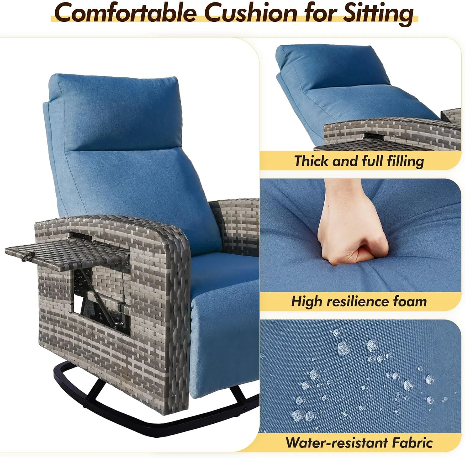 Outdoor Recliner Wicker Ratten 360°Swivel Chair with Footrest Adjustable Back Reclining Patio Lounge Chairs with Removeable Cuhsion & Flip-Up Table