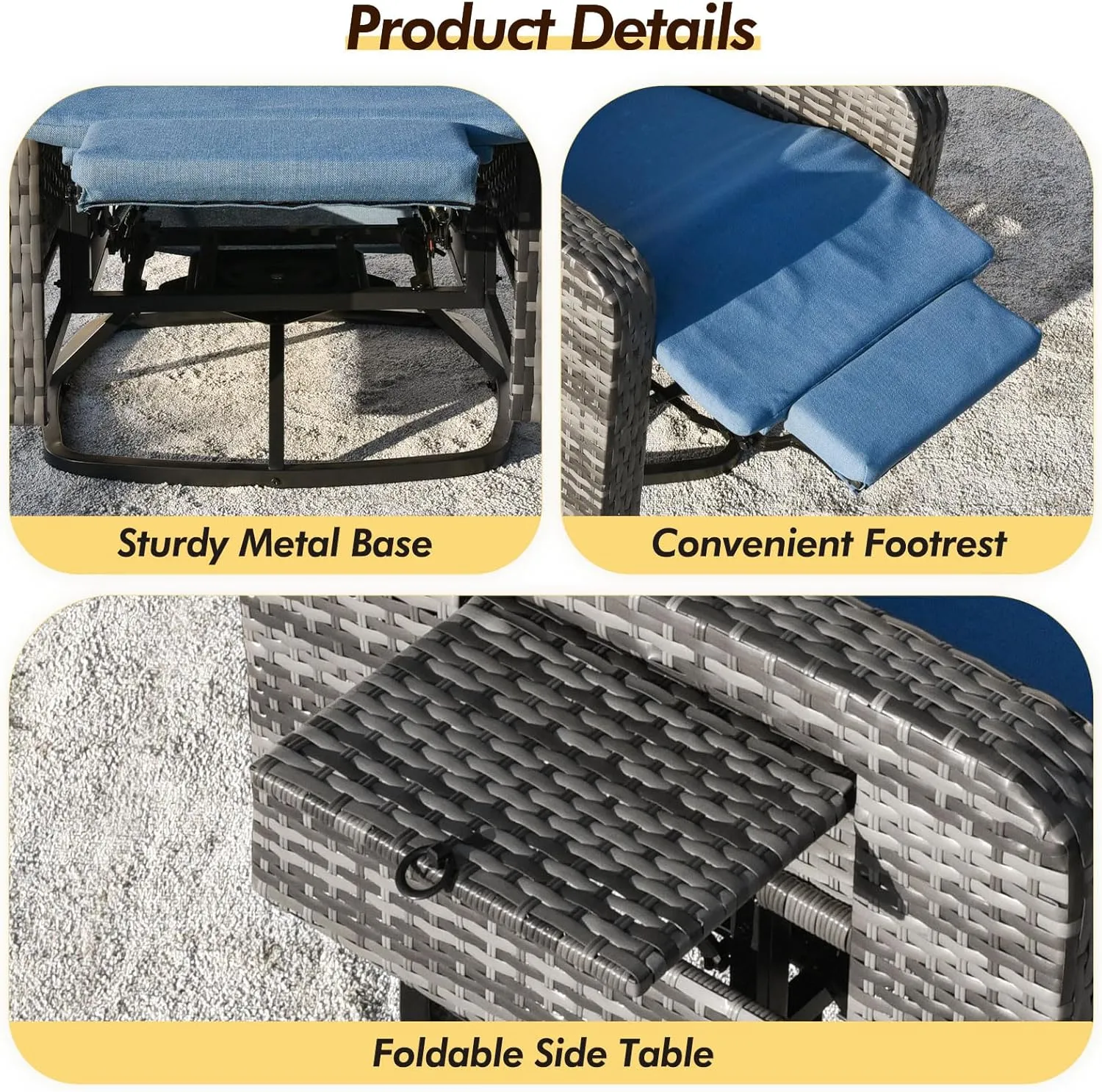 Outdoor Recliner Wicker Ratten 360°Swivel Chair with Footrest Adjustable Back Reclining Patio Lounge Chairs with Removeable Cuhsion & Flip-Up Table