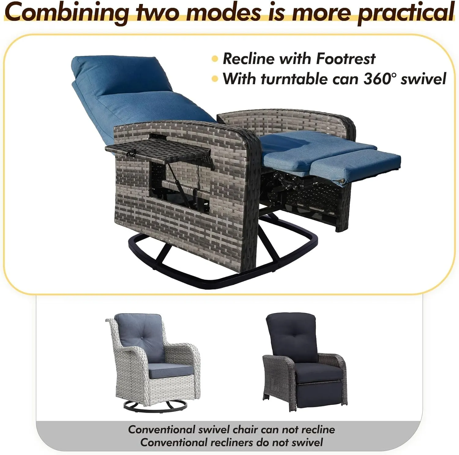 Outdoor Recliner Wicker Ratten 360°Swivel Chair with Footrest Adjustable Back Reclining Patio Lounge Chairs with Removeable Cuhsion & Flip-Up Table