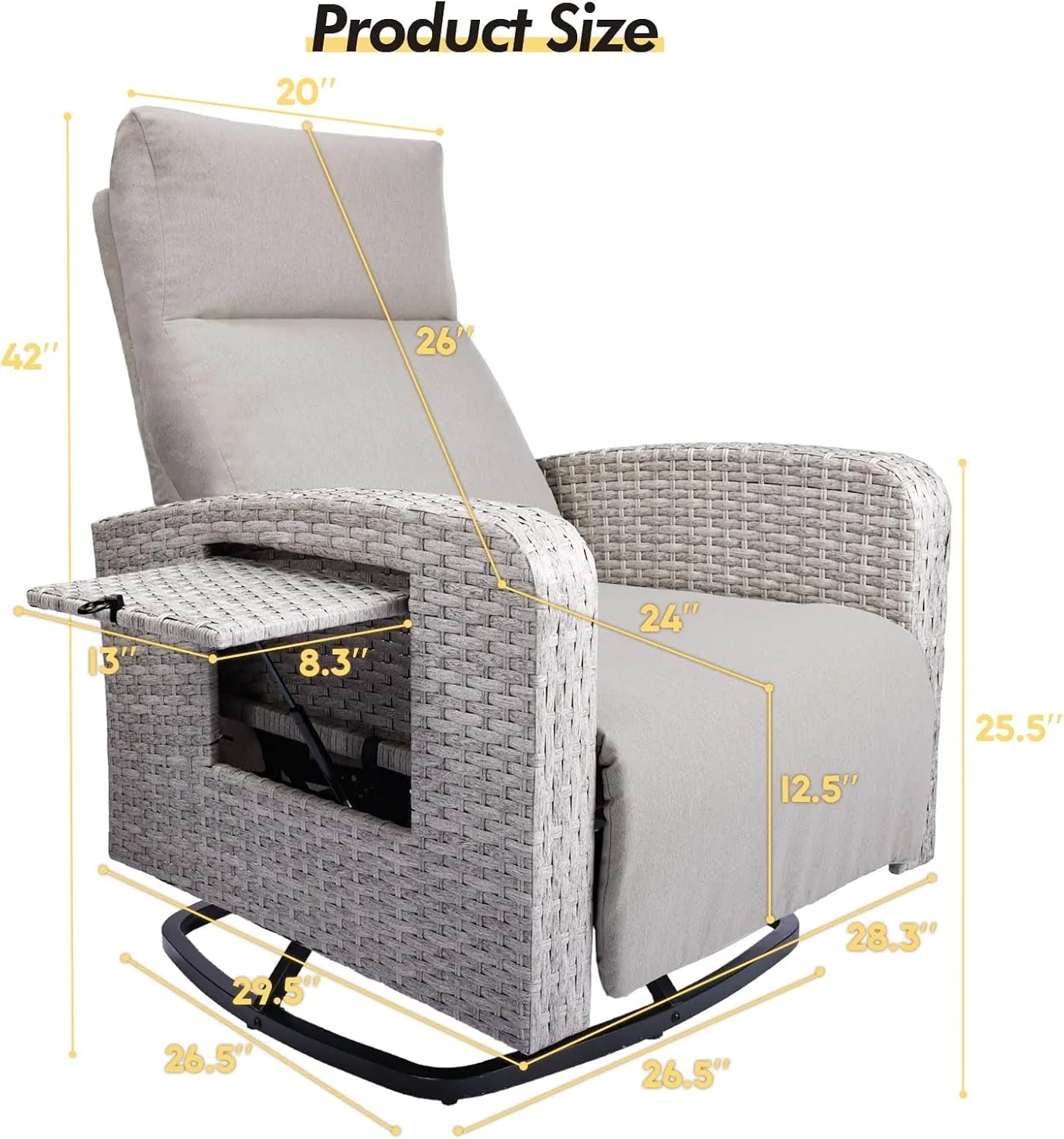 Outdoor Recliner Wicker Ratten 360°Swivel Chair with Footrest Adjustable Back Reclining Patio Lounge Chairs with Removeable Cushion & Flip-Up Table