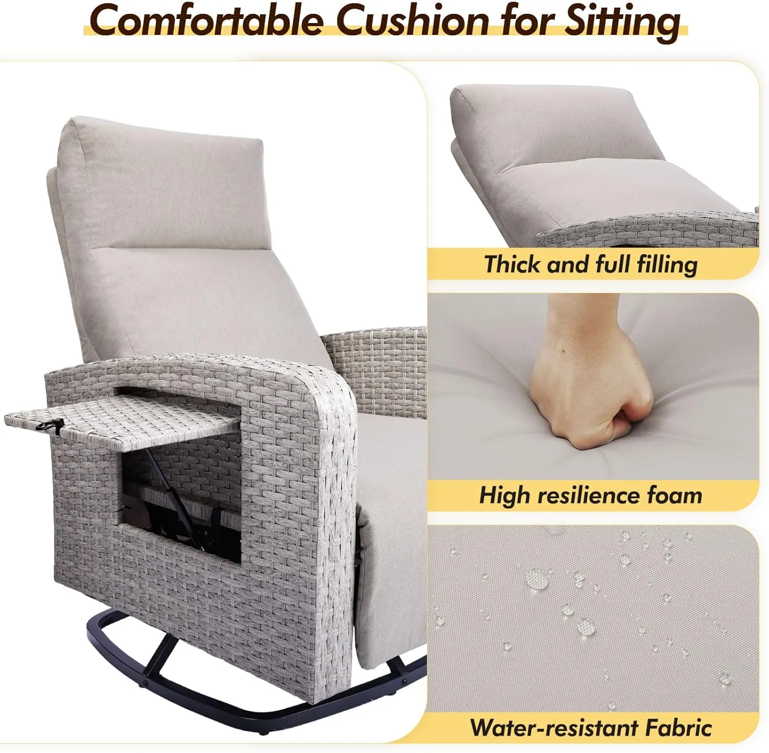 Outdoor Recliner Wicker Ratten 360°Swivel Chair with Footrest Adjustable Back Reclining Patio Lounge Chairs with Removeable Cushion & Flip-Up Table