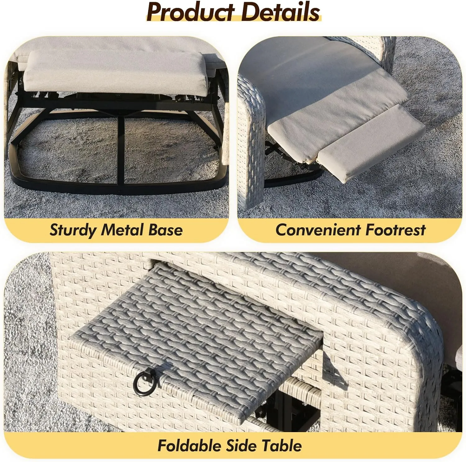 Outdoor Recliner Wicker Ratten 360°Swivel Chair with Footrest Adjustable Back Reclining Patio Lounge Chairs with Removeable Cushion & Flip-Up Table